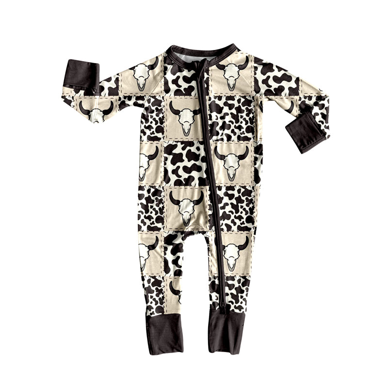 Baby Girls Long Sleeves Cow Print Bull Skull Plaid Zipper Rompers Preorder
