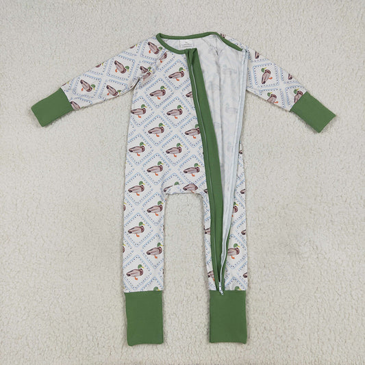 Baby Girls Long Sleeves Green Ducks Plaid Zipper Rompers