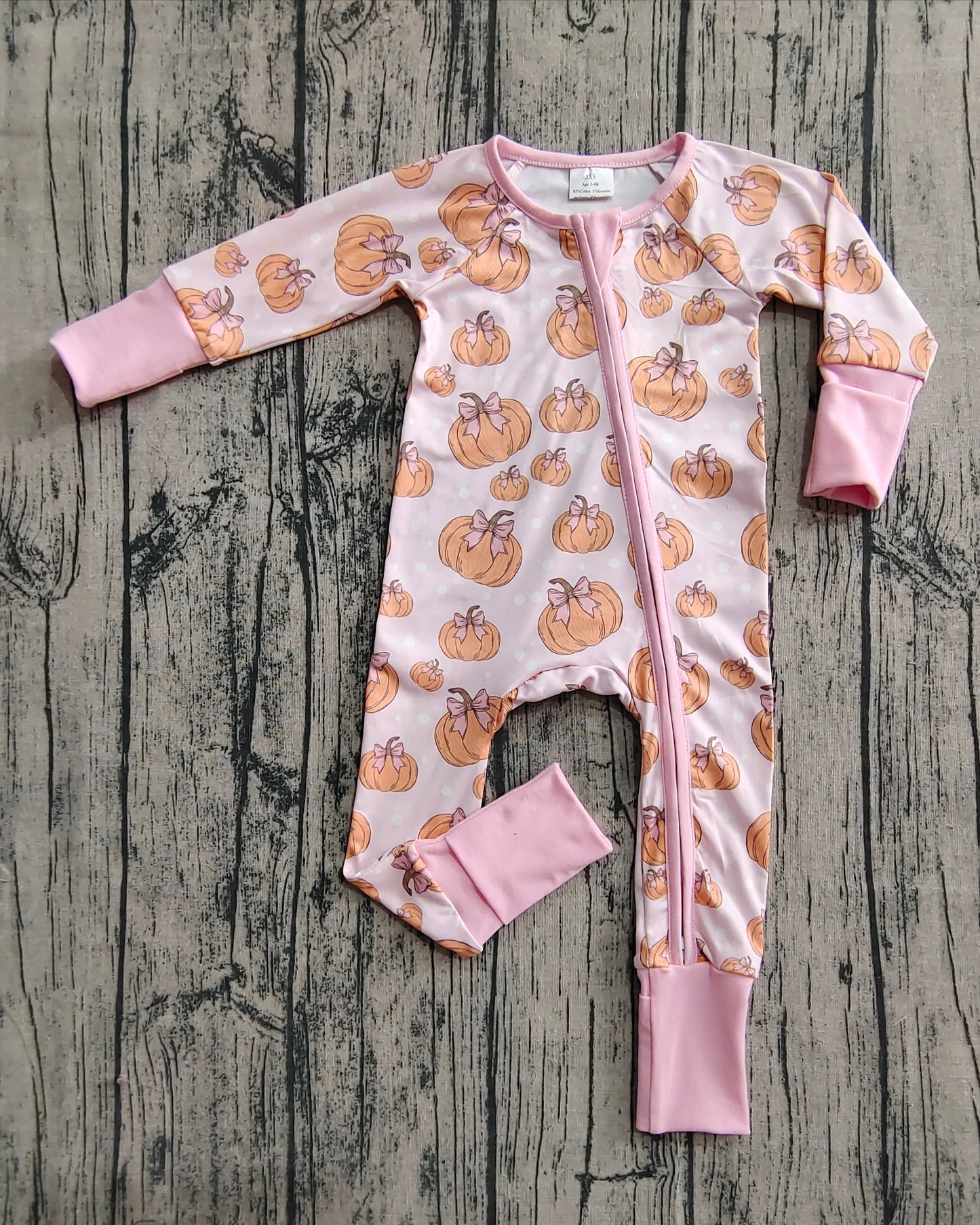 Baby Girls Long Sleeves Pink Bows Pumpkins Footie Zipper Rompers