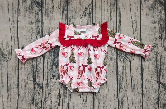 Baby Girls Christmas Pink Plaid Santa Trees Ruffle Rompers