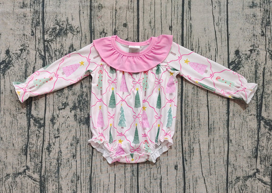 Baby Girls Long Sleeves Pink Bows Trees Plaid Ruffle Rompers