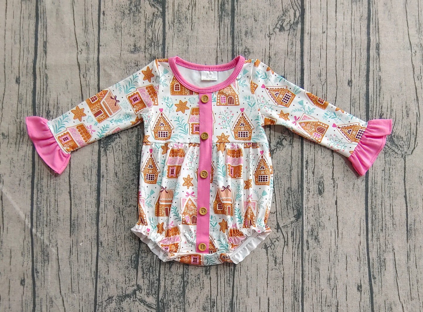 Baby Girls Christmas Pink Houses Snowflake Button Ruffle Rompers