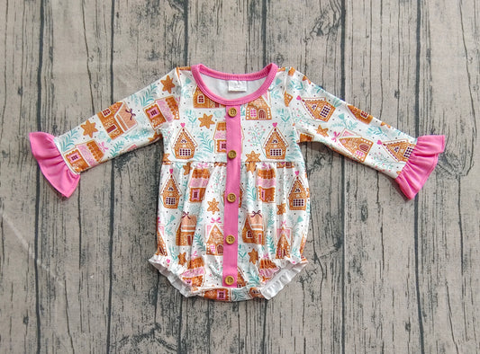 Baby Girls Christmas Pink Houses Snowflake Button Ruffle Rompers