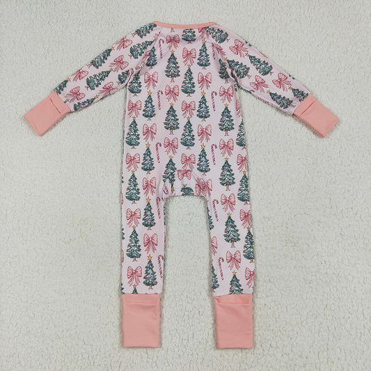Baby Girls Christmas Tree Pink Bows Zipper Footie Rompers