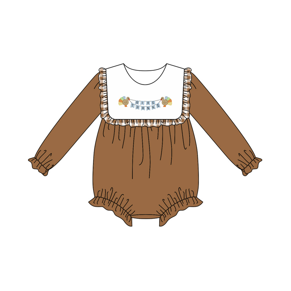 Preorder moq 5 Baby Girls Brown Long Sleeves Turkey Give Thanks Ruffle Rompers