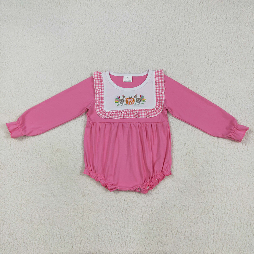 Baby Girls Pink Thanksgiving Turkey Pumpkins Ruffle Rompers