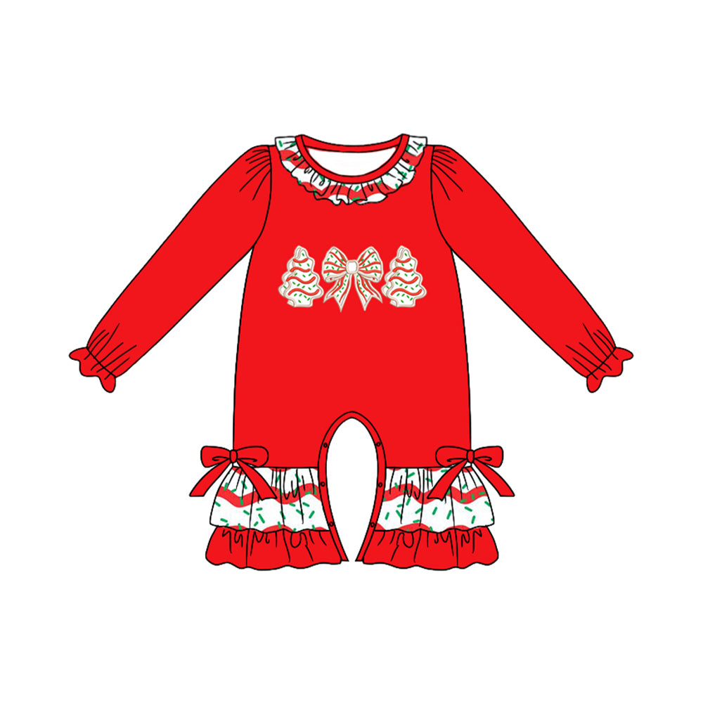 Baby Girls Red Long Ruffle Sleeves Bows Tree Pant Rompers Preorder