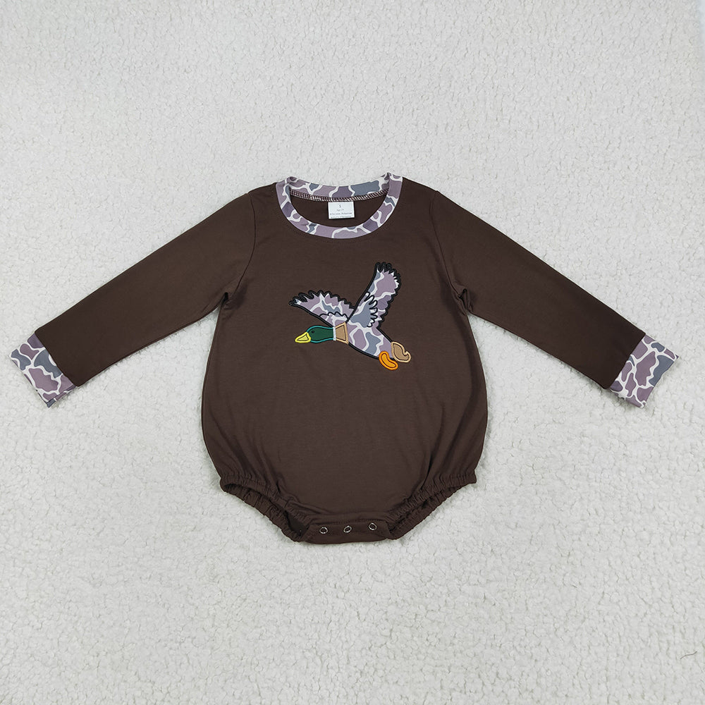 Embroidery Baby Boys Brown Long Sleeves Camo Duck Southern Rompers