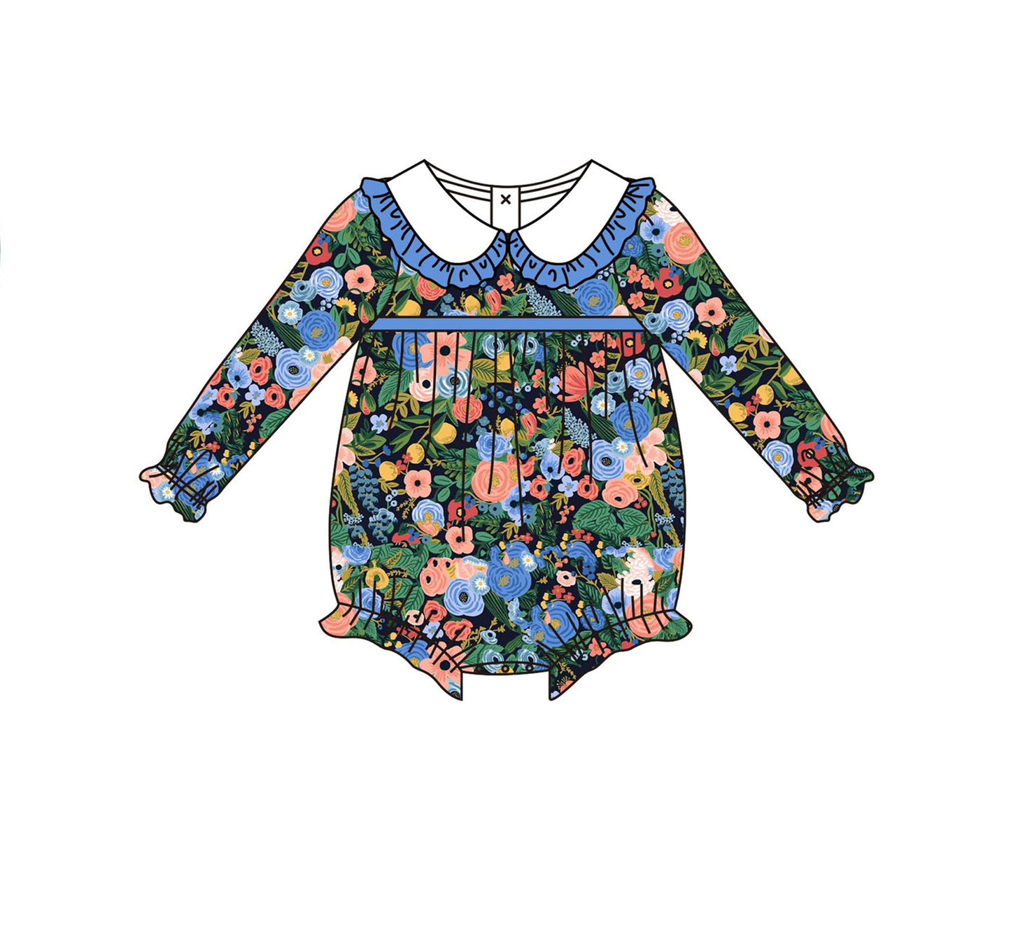 Baby Girls Long Sleeves Hot Blue Floral Ruffle Rompers Preorder