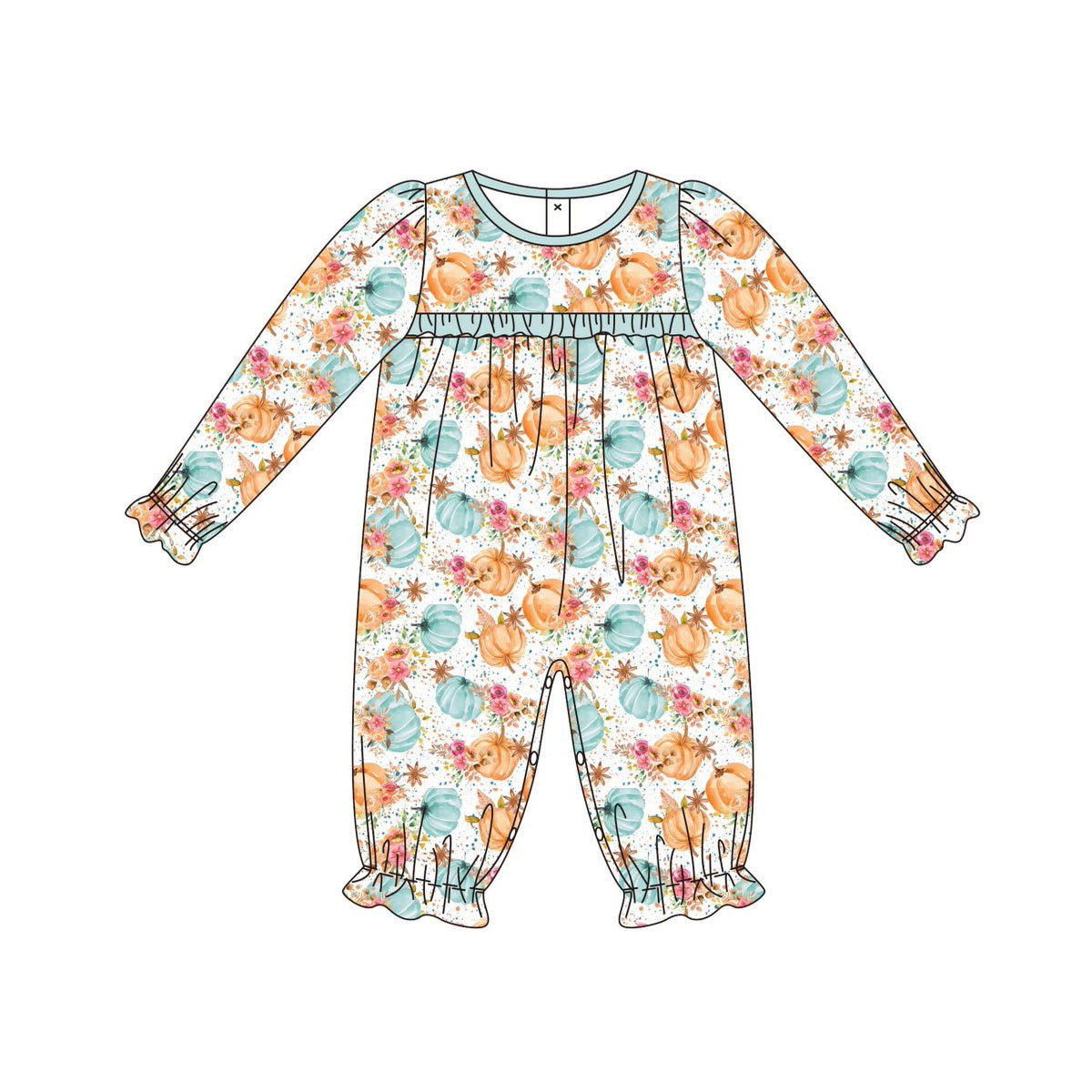 Preorder moq 5 Baby Girls Long Ruffle Sleeves Flower Pumpkins Pant Rompers