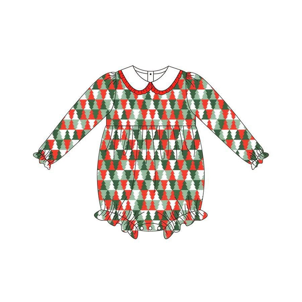 Baby Girls Green Red Plaid Long Sleeves Trees Plaid Ruffle Rompers Preorder