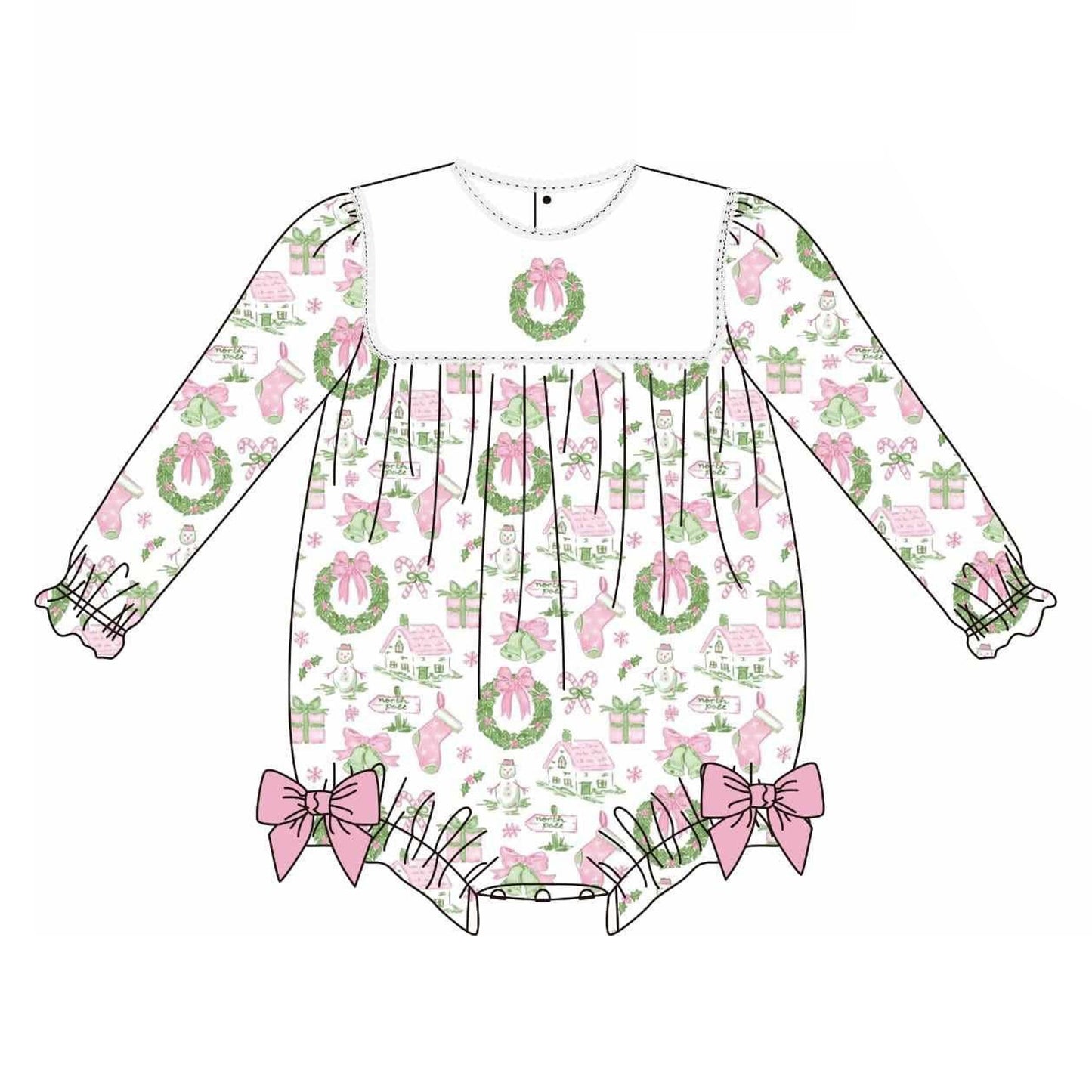 Baby Girls Pink Gifts Bows Holly Print Christmas Ruffle Rompers