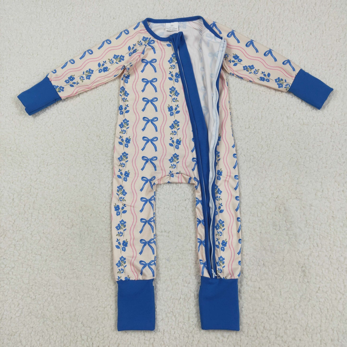 Sibling Baby Girls Blue Bows Flower Stripe Rompers Pajamas Sets