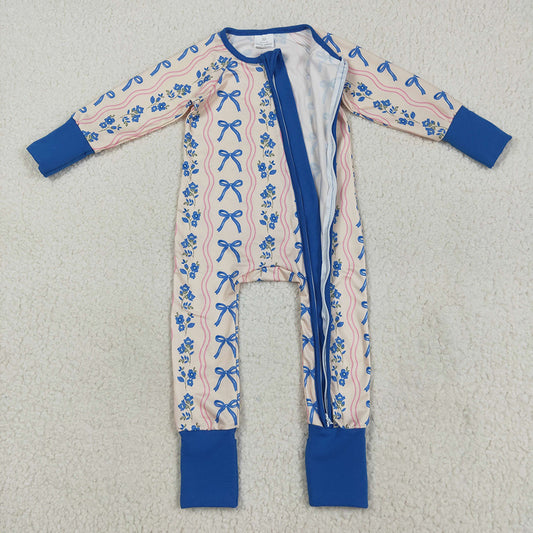 Baby Girls Long Sleeves Blue Bows Flowers Stripe Zipper Pant Rompers