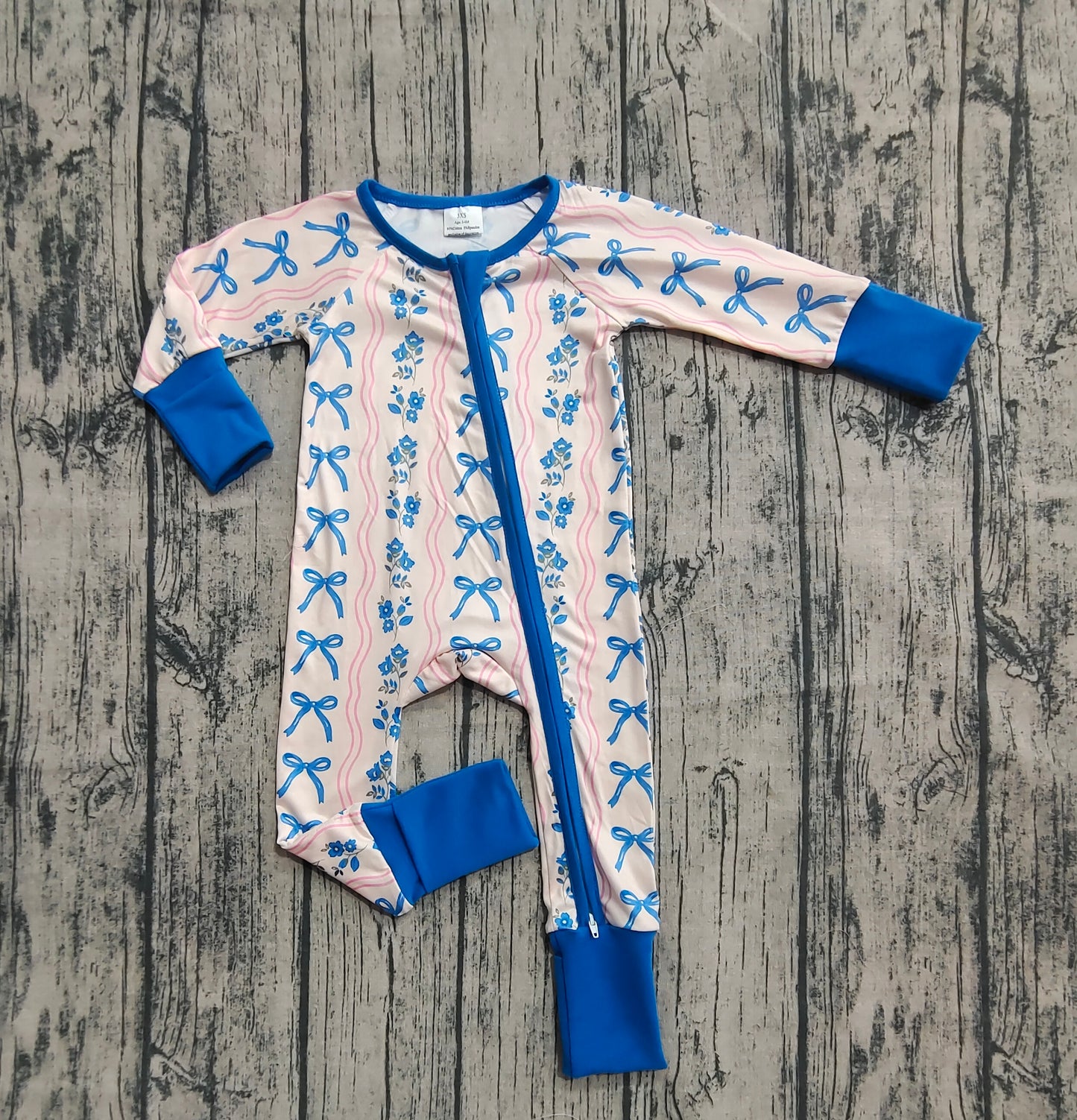 Baby Girls Long Sleeves Blue Bows Flowers Stripe Zipper Pant Rompers