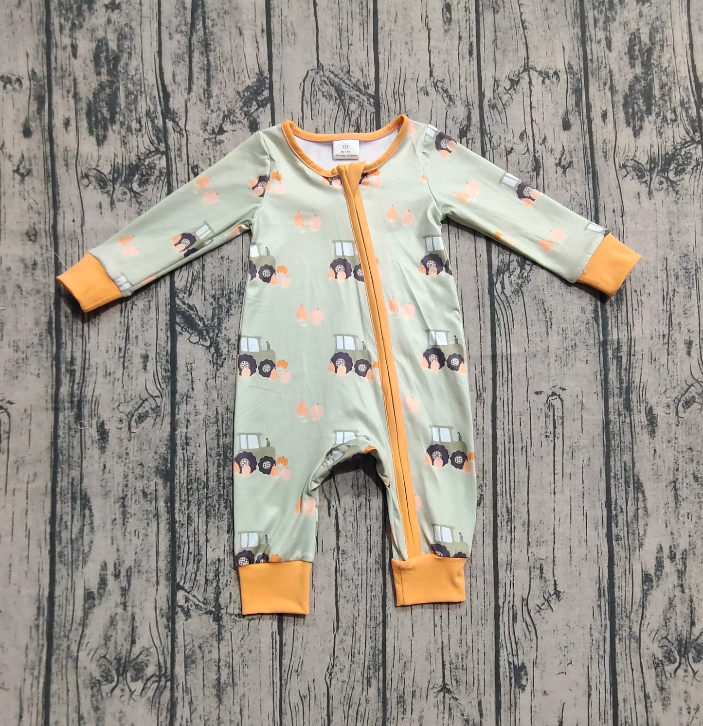 Baby Boys Green Long Sleeves Pumpkins Trucks Zipper Rompers
