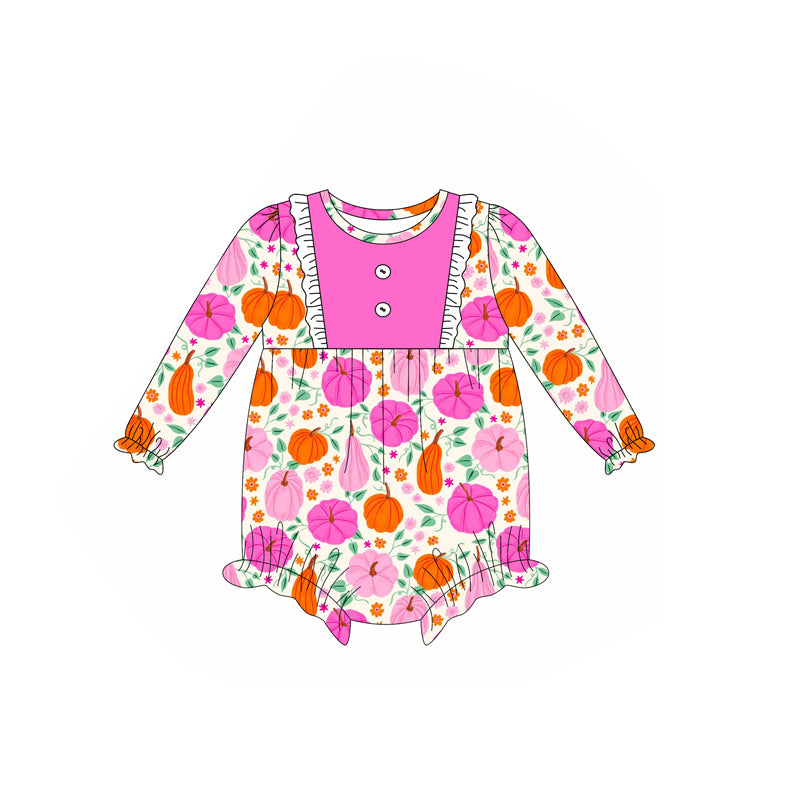 Preorder moq 5 Baby Girls Pink Long Sleeves Flower Pumpkins Ruffle Rompers