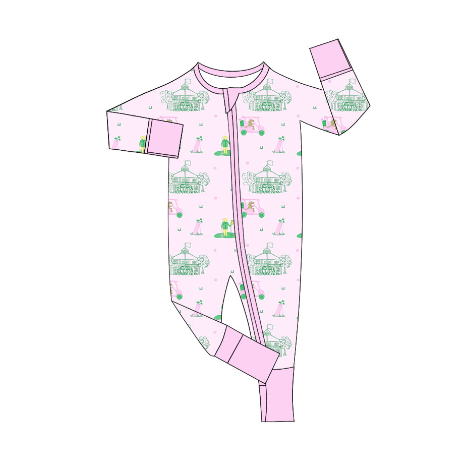 Preorder moq 5 Baby Girls Pink Long Sleeves Dogs Golf Zipper Rompers