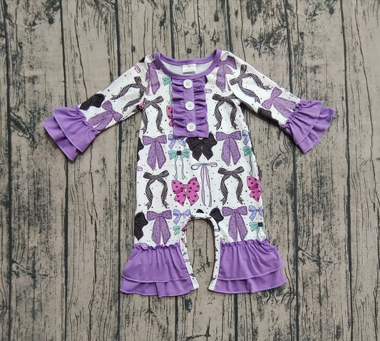 Baby Girls Long Ruffle Sleeves Purple Bows Button Pant Rompers