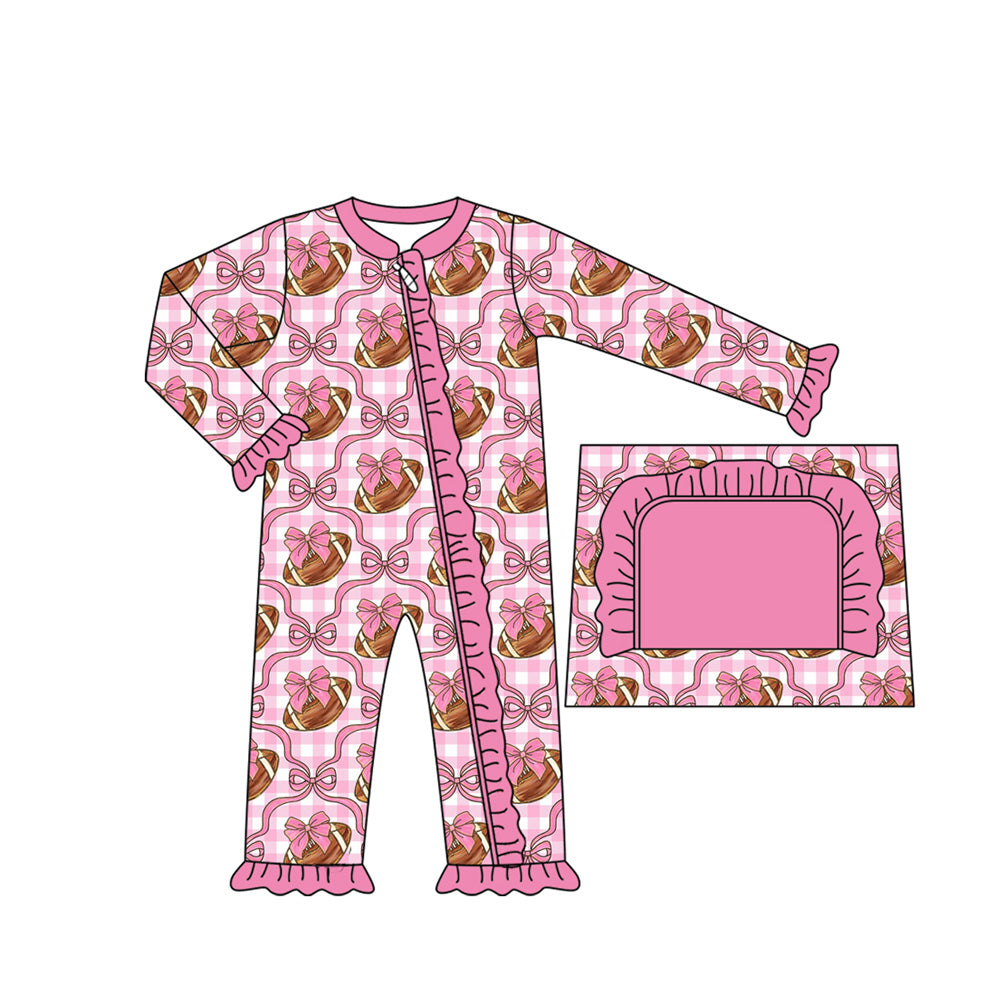 Baby Girls Pink Bows Footballs Ruffle Zipper Footie Rompers