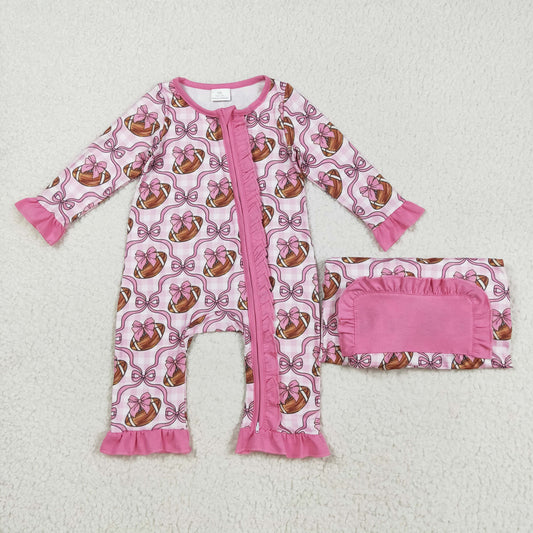 Sibling Baby Girls Pink Bows Footballs Top Pant Team Pajamas Set Zipper Footie Rompers