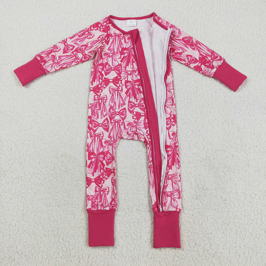 Baby Girls Long Sleeves Pink Bows Zipper Footie Rompers