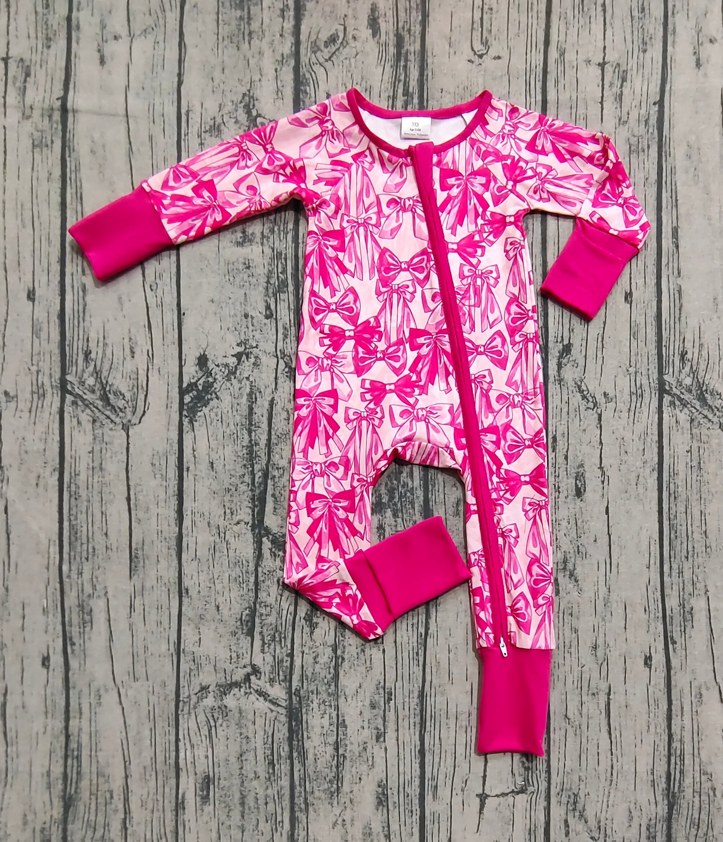 Baby Girls Long Sleeves Pink Bows Zipper Footie Rompers