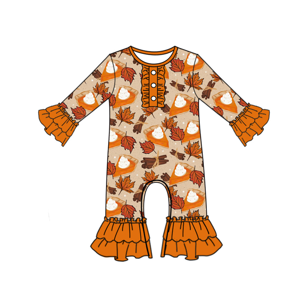 Baby Girls Long Ruffle Sleeves Button Pie Leaves Pant Rompers Preorder
