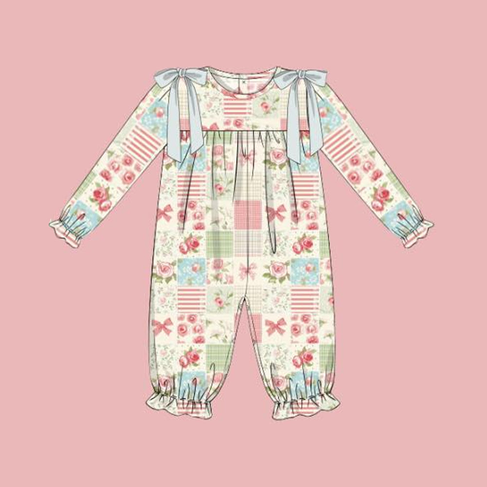 Preorder moq 5 Baby Girls Flowers Bows Plaid Fall Footie Rompers