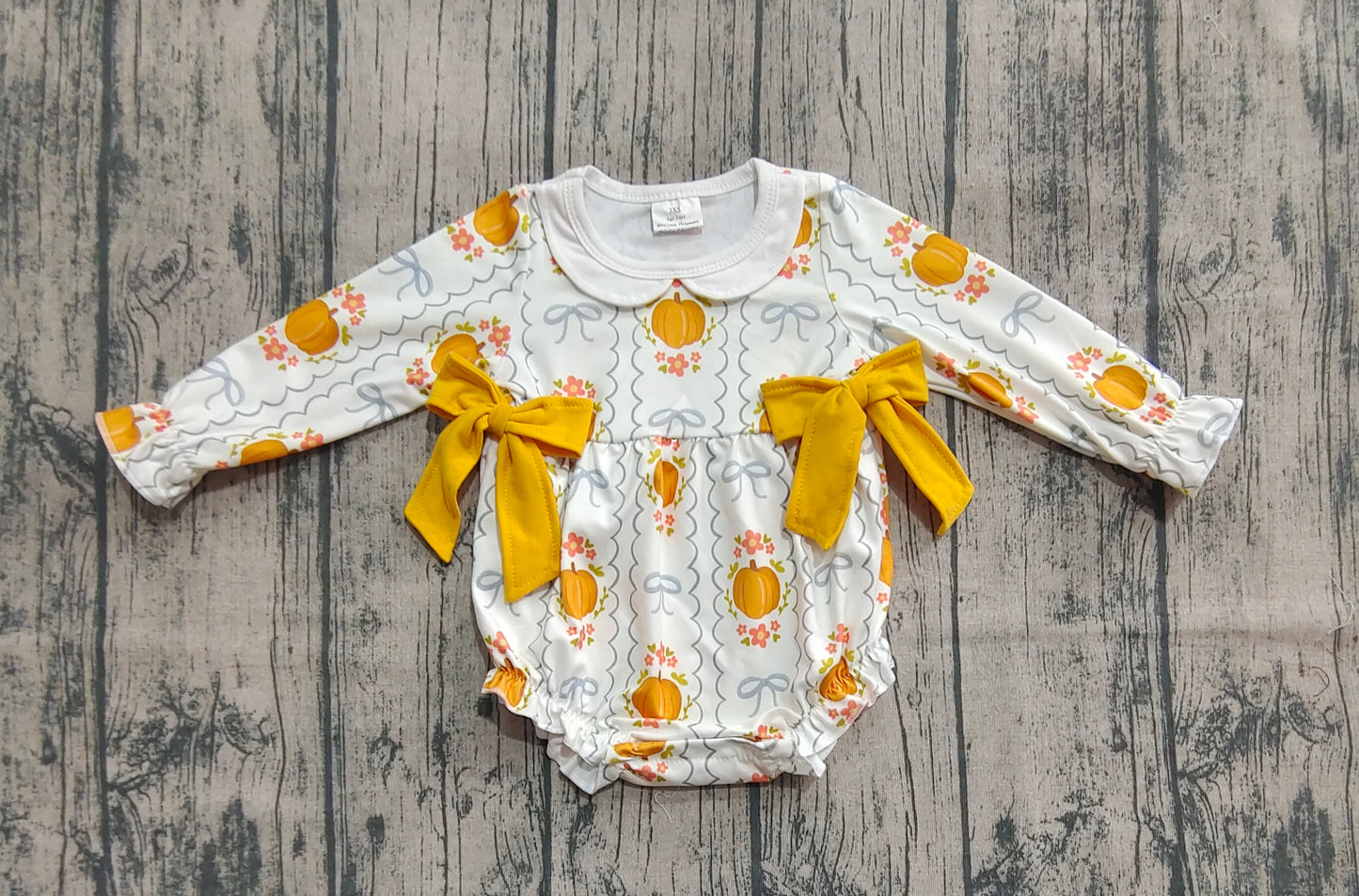 Baby Girls Fall Long Sleeves Pumpkins Bows Rompers