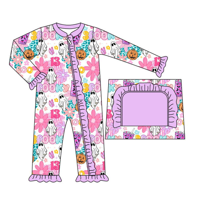 Baby Girls Long Ruffle Sleeves Ghosts Flowers Zipper Rompers Preorder