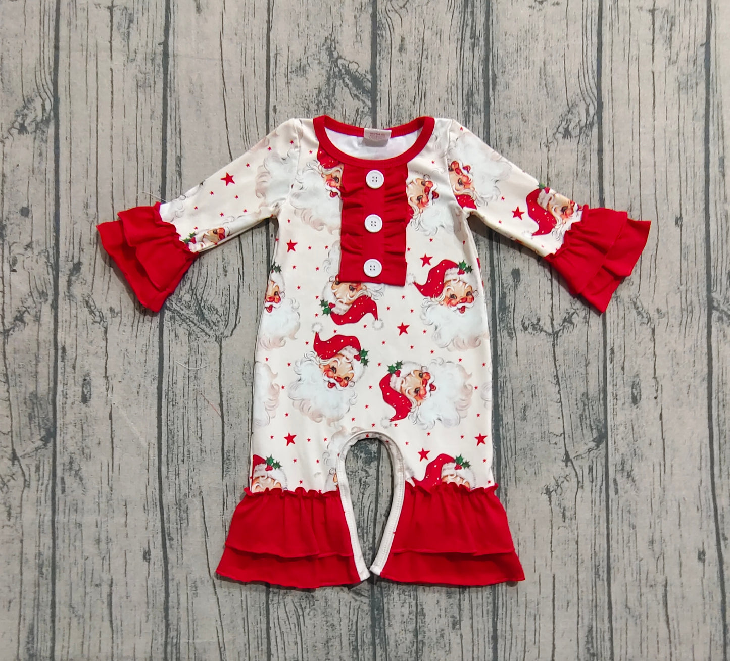 Baby Girls Christmas Long Sleeves Santa Stars Button Ruffle Rompers