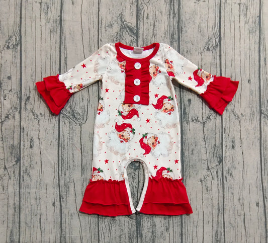 Baby Girls Christmas Long Sleeves Santa Stars Button Ruffle Rompers