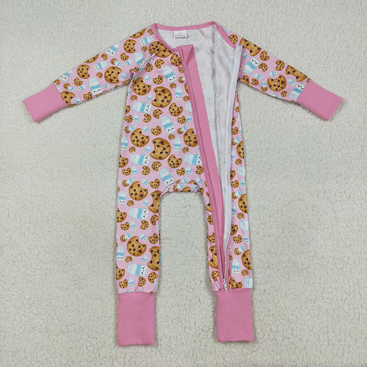 Baby Girls Pink Christmas Milk Cookies Zipper Footie Rompers