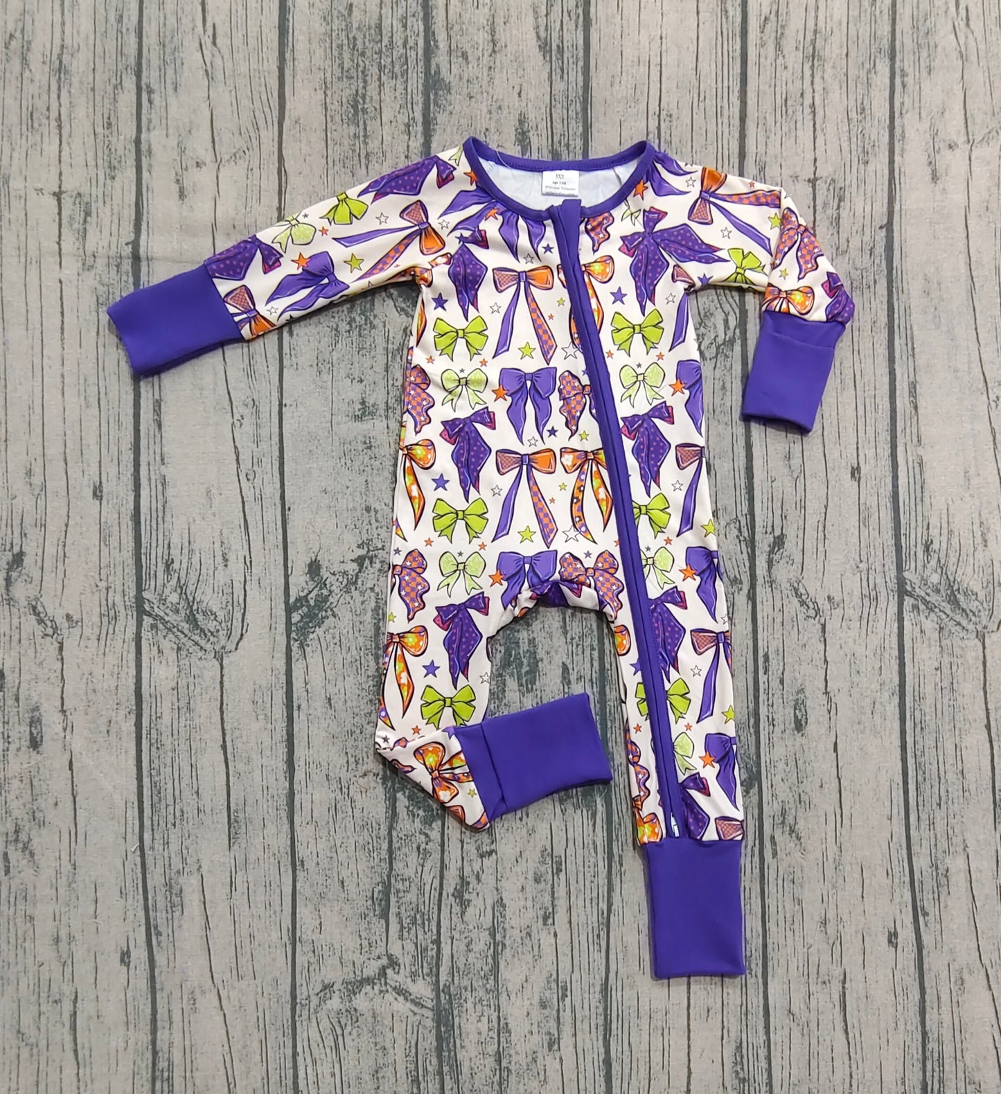 Baby Girls Long Sleeves Purple Bows Zipper Footie Rompers