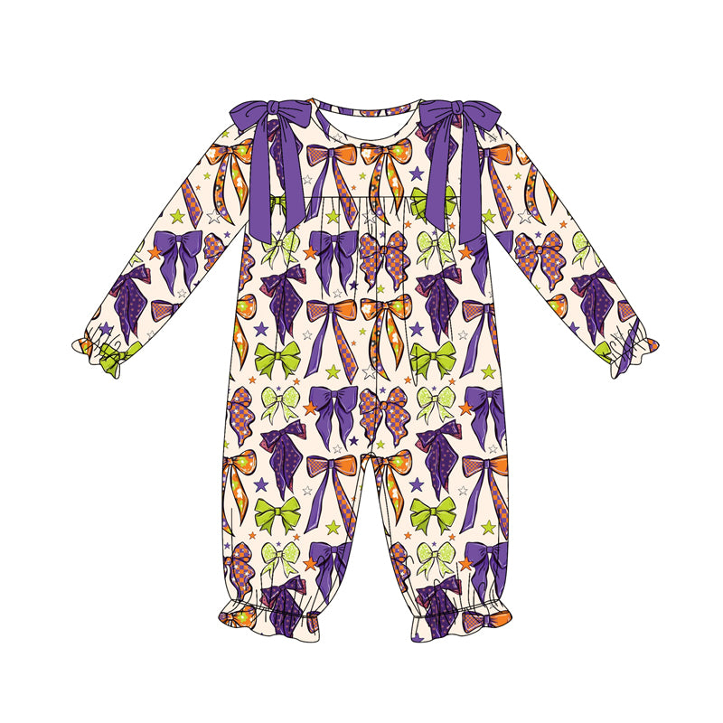 Baby Girls Long Sleeves Purple Bows Plaid Ruffle Pant Rompers Preorder