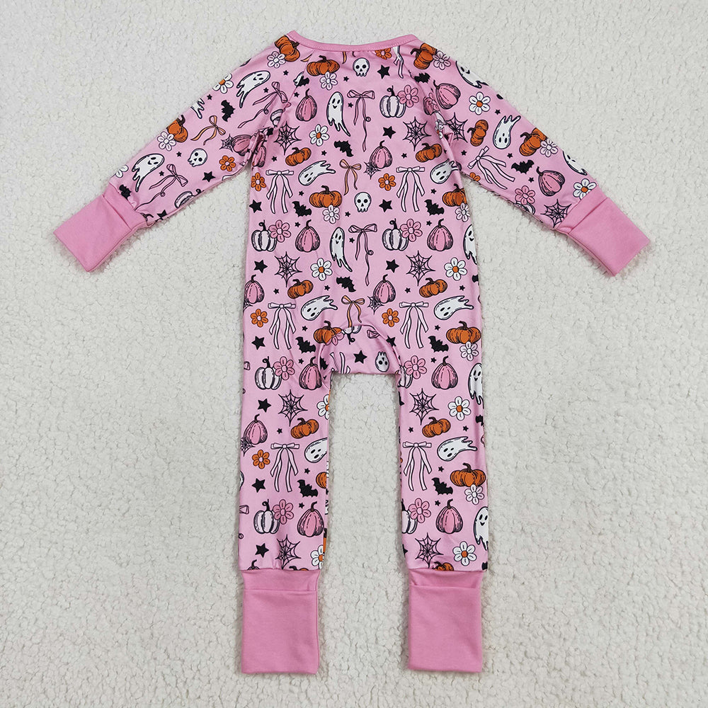 Sibling Baby Girls Pink Ghosts Pumpkins Halloween Rompers Pajamas Sets