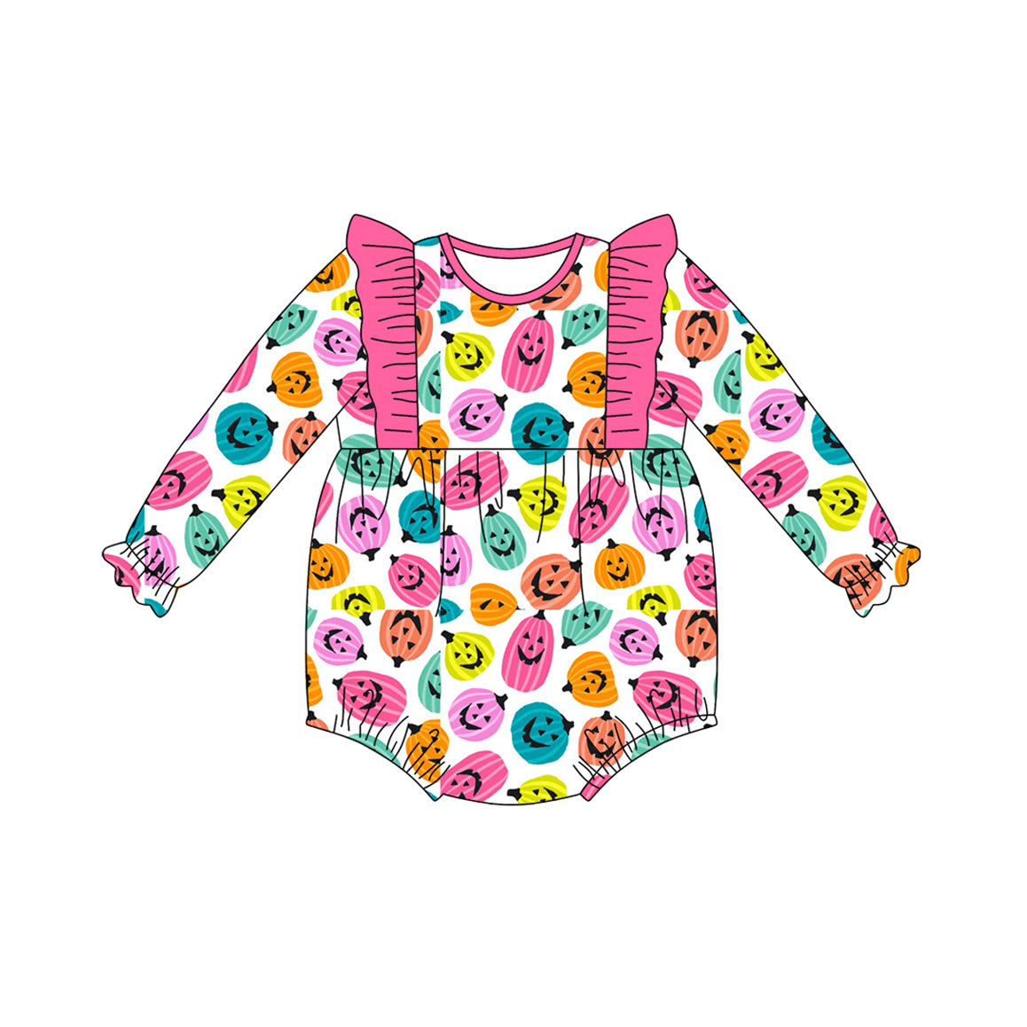 Baby Girls Long Ruffle Sleeves Colorful Ghost Pumpkins Plaid Rompers Preorder