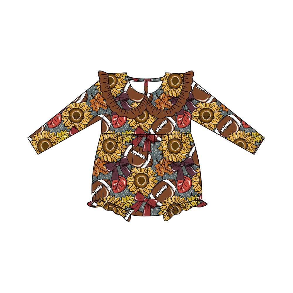 Baby Girls Brown Long Sleeves Sunflower Footballs Ruffle Rompers Preorder