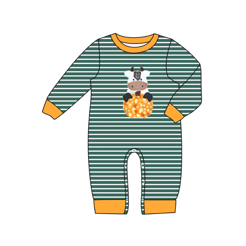 Baby Boys Green Stripe Long Sleeves Cow Pumpkins Pant Rompers Preorder