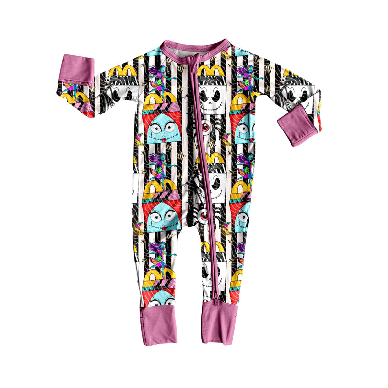 Baby Girls Long Sleeves Cartoon Ghosts Stripes Zipper Pant Rompers Preorder