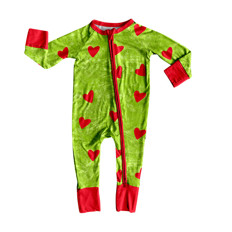 Baby Boys Green Long Sleeves Hearts Plaid Zipper Rompers Preorder