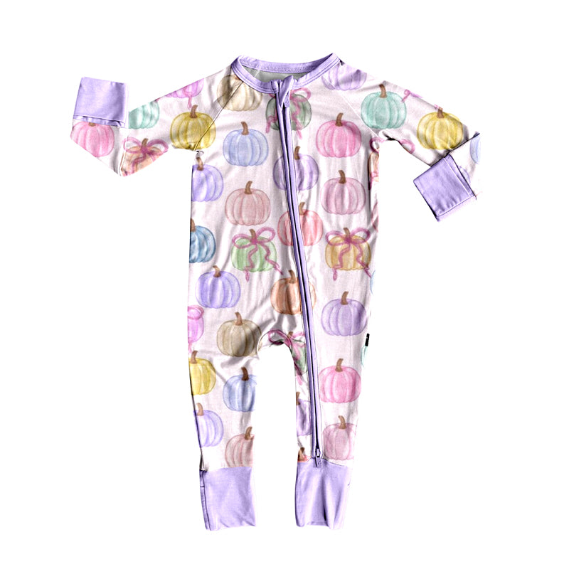 Baby Girls Colorful Bows Pumpkins Fall Zipper Footie Rompers
