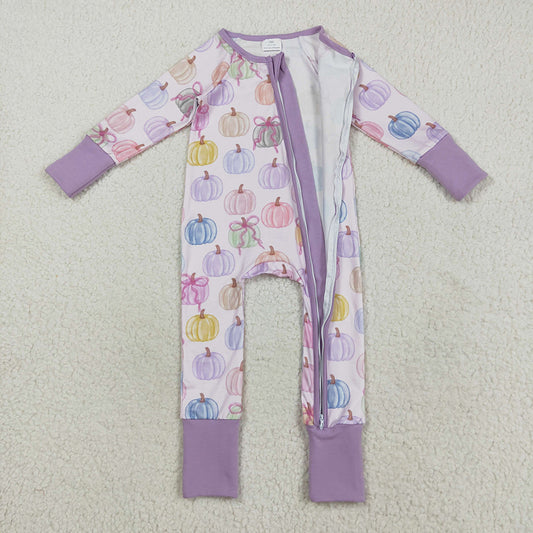 Baby Girls Colorful Bows Pumpkins Fall Zipper Footie Rompers