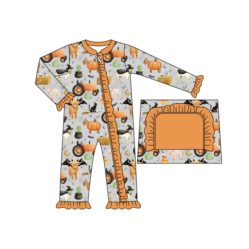 Baby Girls Long Sleeves Bats Farm Pumpkins Ruffle Zipper Rompers Preorder