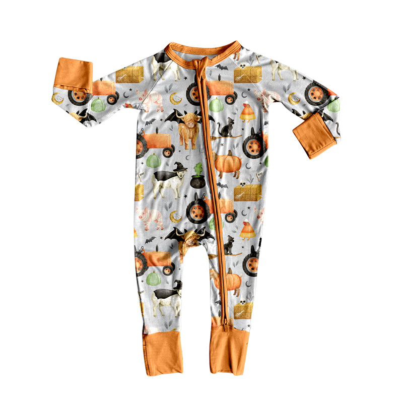 Baby Girls Farm Bats Pumpkins Halloween Zipper Footie Rompers