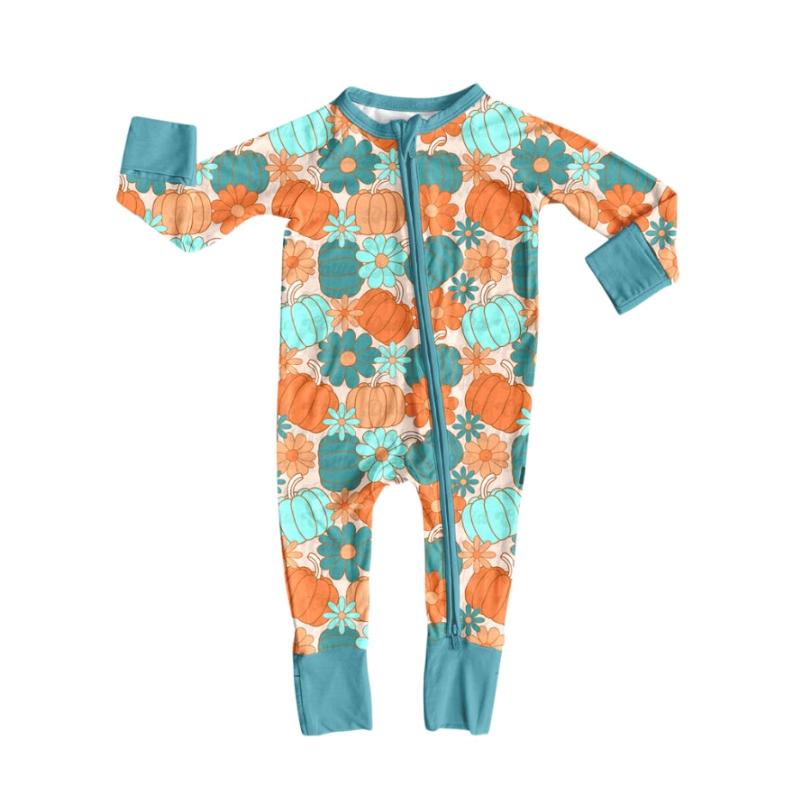 Baby Boys Colorful Pumpkins Flowers Fall Zipper Footie Rompers