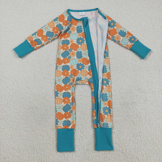 Baby Boys Colorful Pumpkins Flowers Fall Zipper Footie Rompers