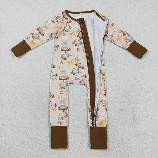Baby Boys Fall Pumpkins Bows Fall Zipper Footie Rompers