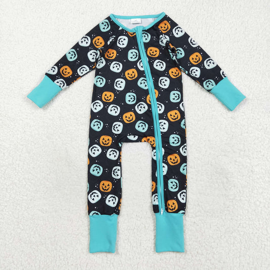Sibling Baby Girls Colorful Ghost Pumpkins Fall Halloween Zipper Footie Rompers